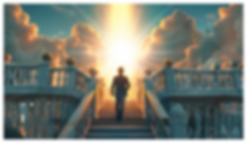 A traveler walking towards sunlight on an ornate staircase